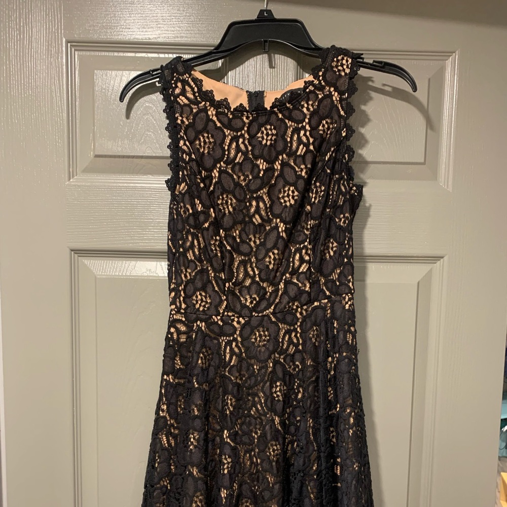 Black lace, nude liner. Regular waist A-line  dress. Sleeveless